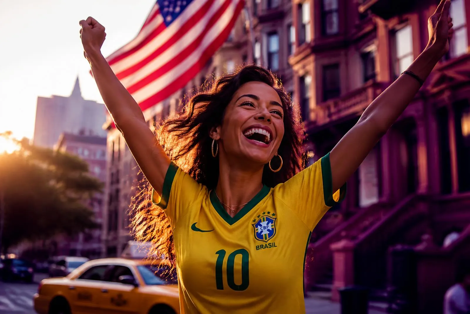 Brasileira comemorando feliz em uma rua dos Estados Unidos com a bandeira americana ao fundo